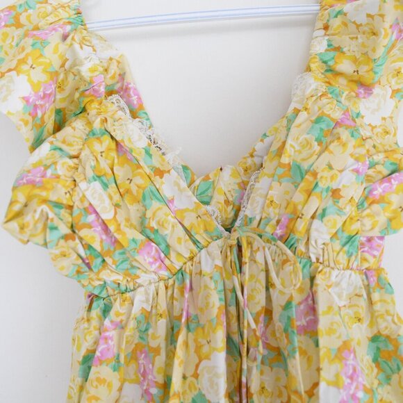 For Love & Lemons Yellow Tamra Dress with Florals & Ruffle Mini Dress M - Picture 5 of 13